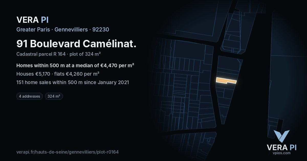 91 Boulevard Camélinat, Gennevilliers at night – the plot lit, the parcels around coloured by the prices near them