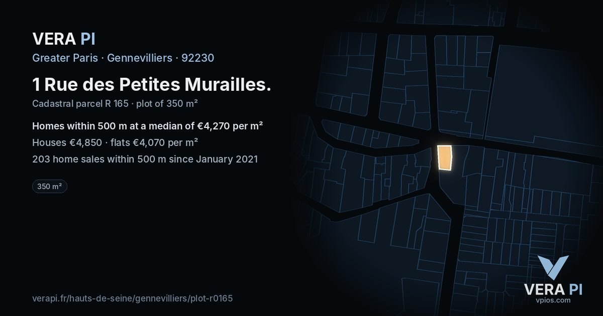 1 Rue des Petites Murailles, Gennevilliers at night – the plot lit, the parcels around coloured by the prices near them