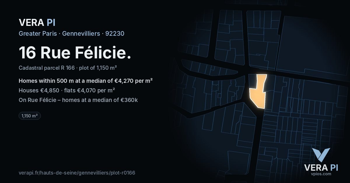 16 Rue Félicie, Gennevilliers at night – the plot lit, the parcels around coloured by the prices near them