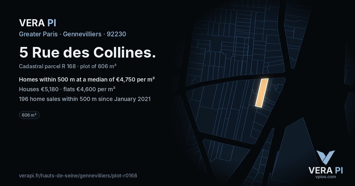 5 Rue des Collines, Gennevilliers at night – the plot lit, the parcels around coloured by the prices near them