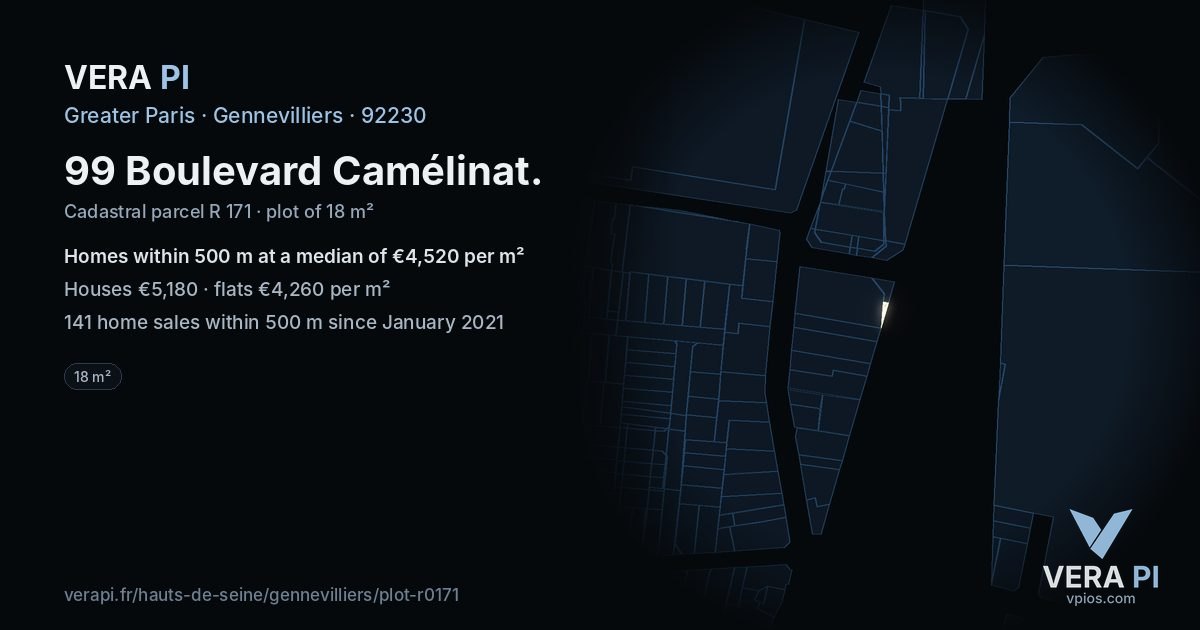 99 Boulevard Camélinat, Gennevilliers at night – the plot lit, the parcels around coloured by the prices near them