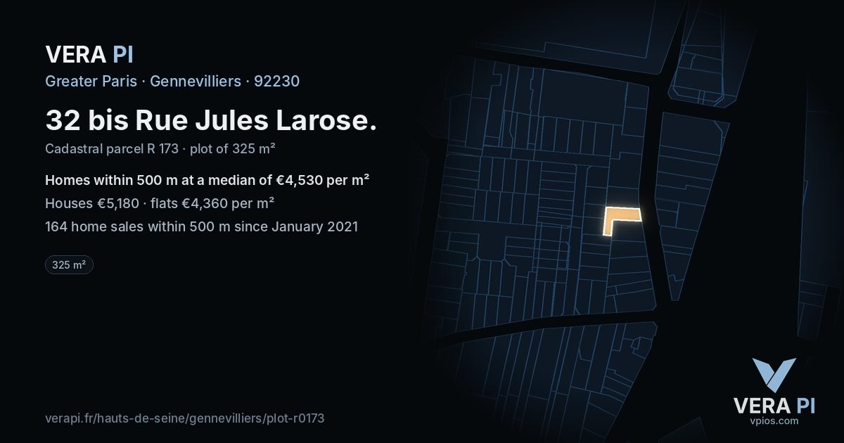 32 bis Rue Jules Larose, Gennevilliers at night – the plot lit, the parcels around coloured by the prices near them