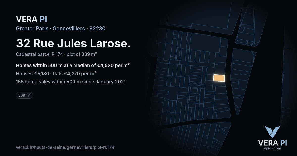 32 Rue Jules Larose, Gennevilliers at night – the plot lit, the parcels around coloured by the prices near them