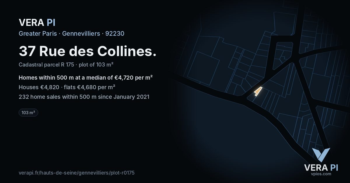 37 Rue des Collines, Gennevilliers at night – the plot lit, the parcels around coloured by the prices near them