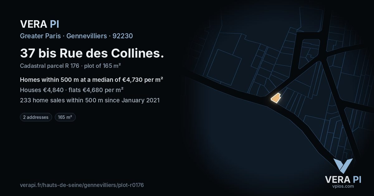 37 bis Rue des Collines, Gennevilliers at night – the plot lit, the parcels around coloured by the prices near them