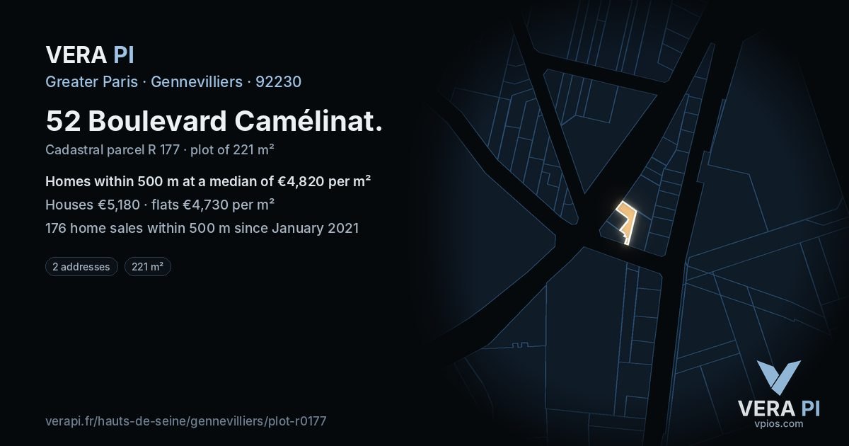 52 Boulevard Camélinat, Gennevilliers at night – the plot lit, the parcels around coloured by the prices near them