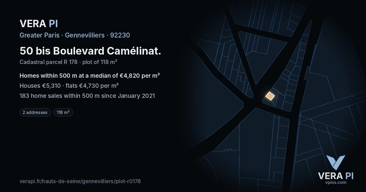 50 bis Boulevard Camélinat, Gennevilliers at night – the plot lit, the parcels around coloured by the prices near them