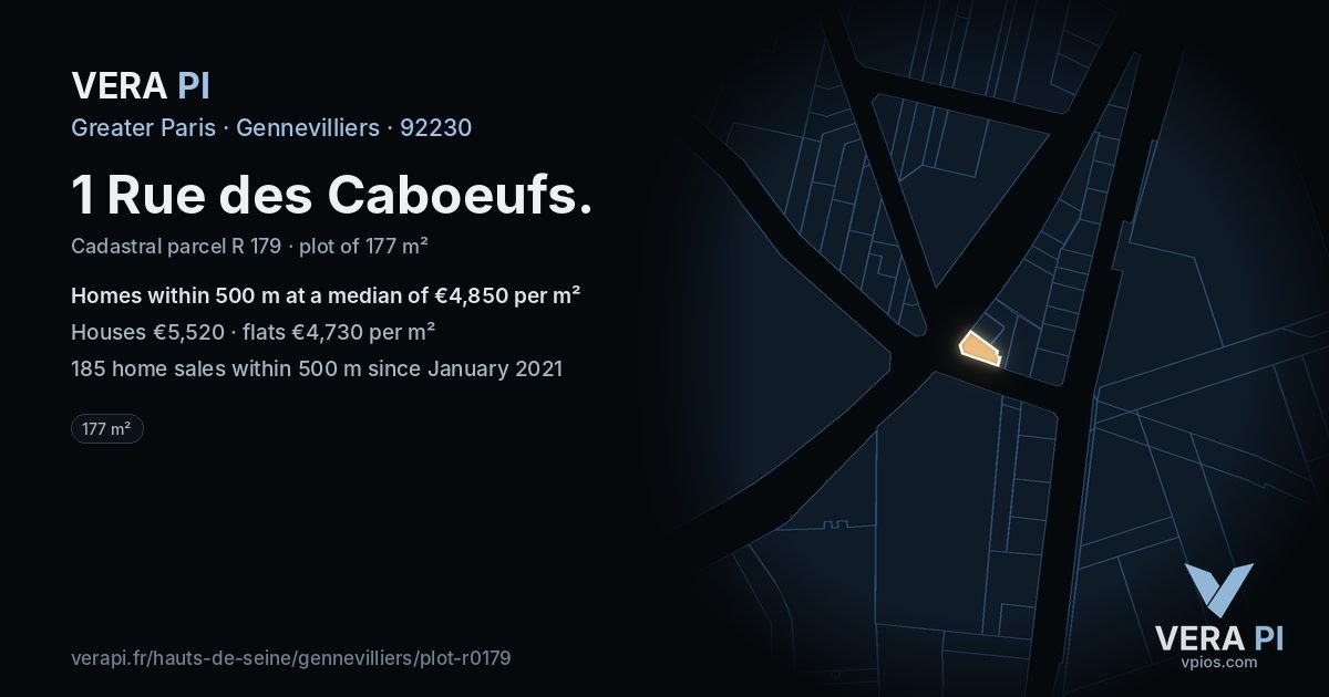 1 Rue des Caboeufs, Gennevilliers at night – the plot lit, the parcels around coloured by the prices near them
