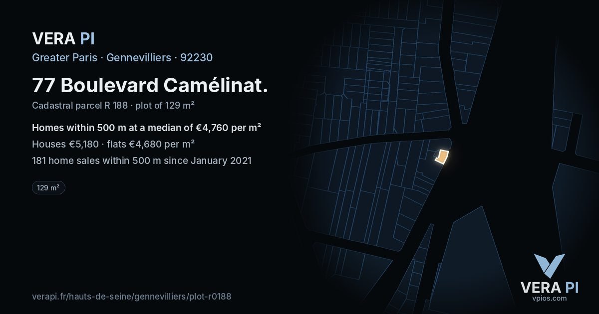 77 Boulevard Camélinat, Gennevilliers at night – the plot lit, the parcels around coloured by the prices near them