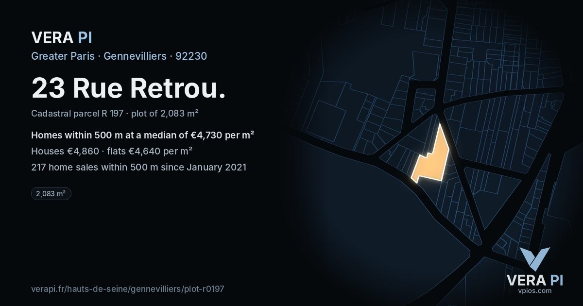 23 Rue Retrou, Gennevilliers at night – the plot lit, the parcels around coloured by the prices near them