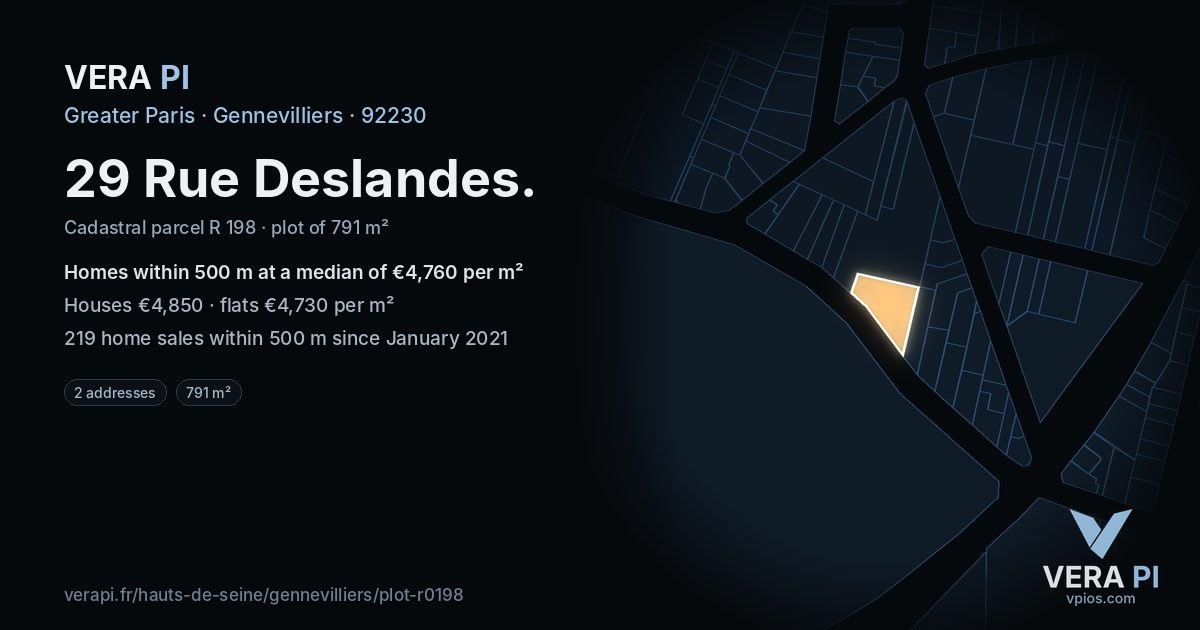 29 Rue Deslandes, Gennevilliers at night – the plot lit, the parcels around coloured by the prices near them