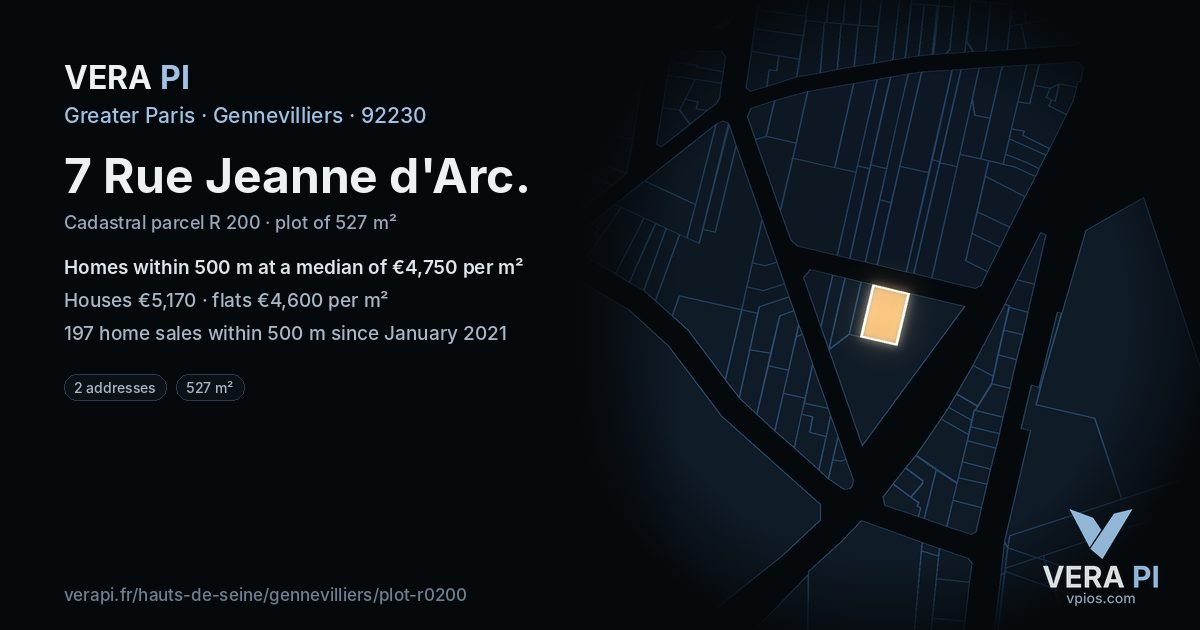 7 Rue Jeanne d'Arc, Gennevilliers at night – the plot lit, the parcels around coloured by the prices near them