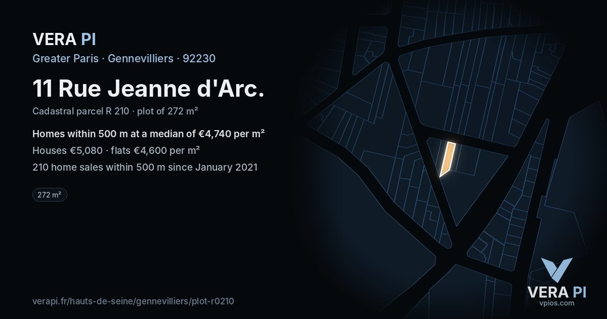 11 Rue Jeanne d'Arc, Gennevilliers at night – the plot lit, the parcels around coloured by the prices near them