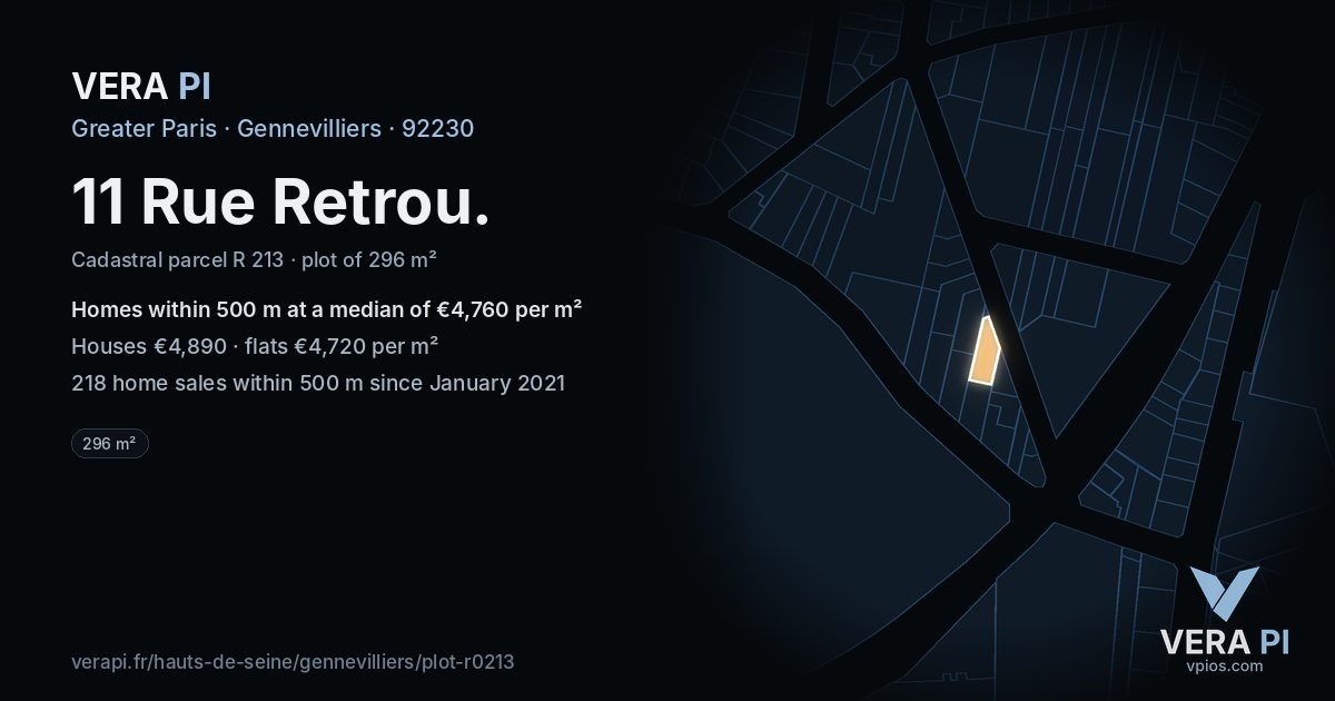 11 Rue Retrou, Gennevilliers at night – the plot lit, the parcels around coloured by the prices near them