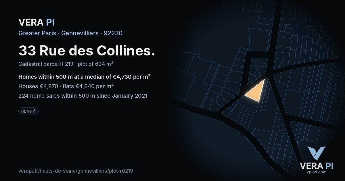 33 Rue des Collines, Gennevilliers at night – the plot lit, the parcels around coloured by the prices near them