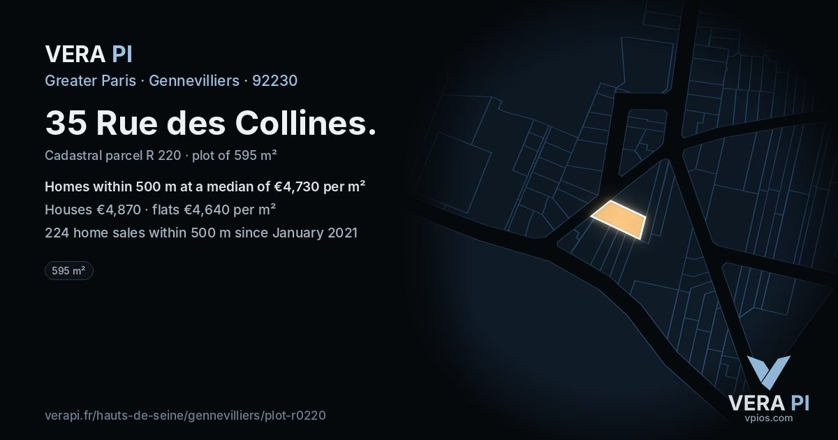 35 Rue des Collines, Gennevilliers at night – the plot lit, the parcels around coloured by the prices near them