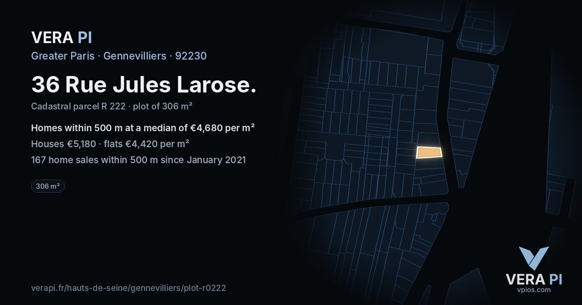 36 Rue Jules Larose, Gennevilliers at night – the plot lit, the parcels around coloured by the prices near them
