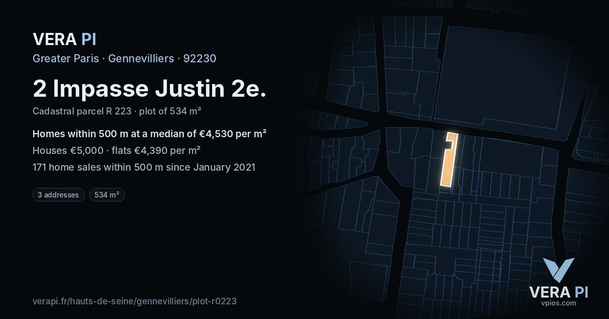2 Impasse Justin 2e, Gennevilliers at night – the plot lit, the parcels around coloured by the prices near them