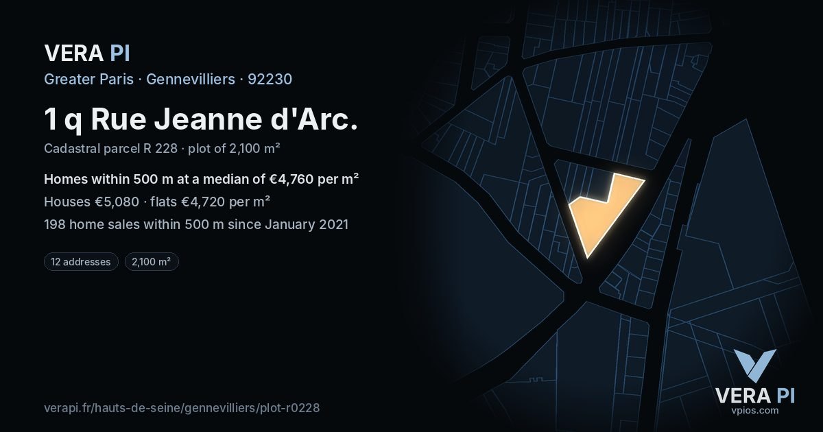 1 q Rue Jeanne d'Arc, Gennevilliers at night – the plot lit, the parcels around coloured by the prices near them