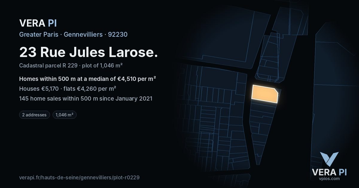 23 Rue Jules Larose, Gennevilliers at night – the plot lit, the parcels around coloured by the prices near them
