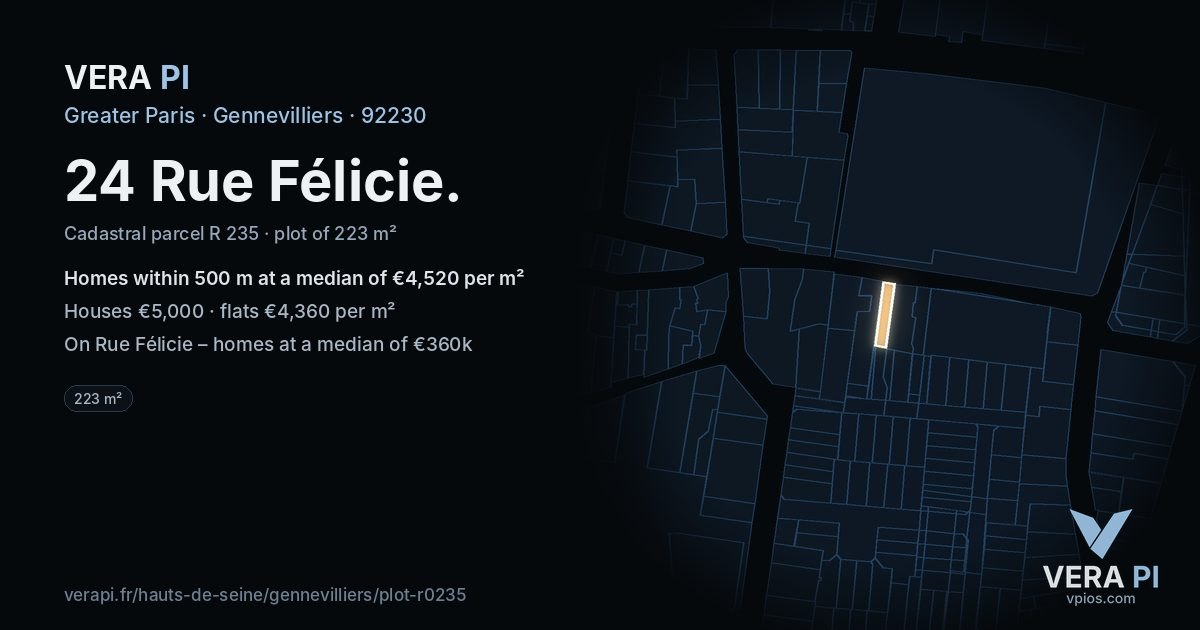 24 Rue Félicie, Gennevilliers at night – the plot lit, the parcels around coloured by the prices near them