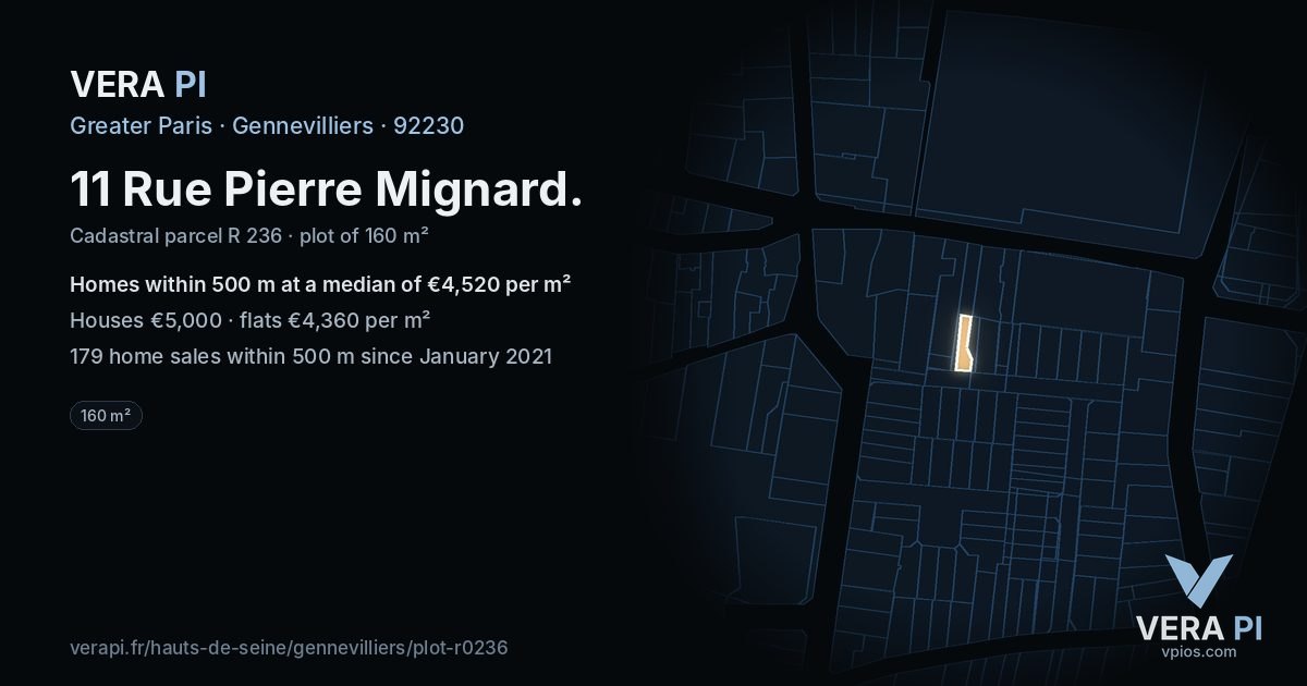 11 Rue Pierre Mignard, Gennevilliers at night – the plot lit, the parcels around coloured by the prices near them