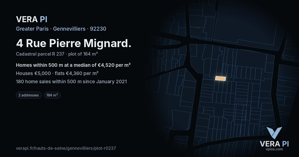 4 Rue Pierre Mignard, Gennevilliers at night – the plot lit, the parcels around coloured by the prices near them