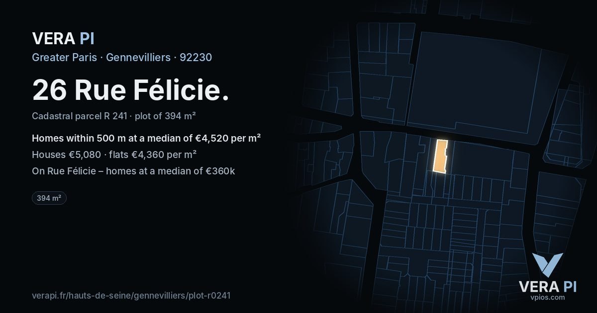 26 Rue Félicie, Gennevilliers at night – the plot lit, the parcels around coloured by the prices near them