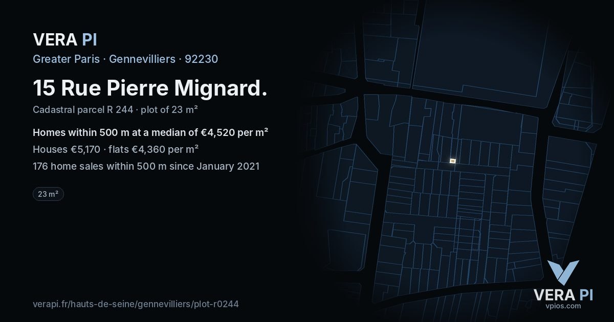 15 Rue Pierre Mignard, Gennevilliers at night – the plot lit, the parcels around coloured by the prices near them