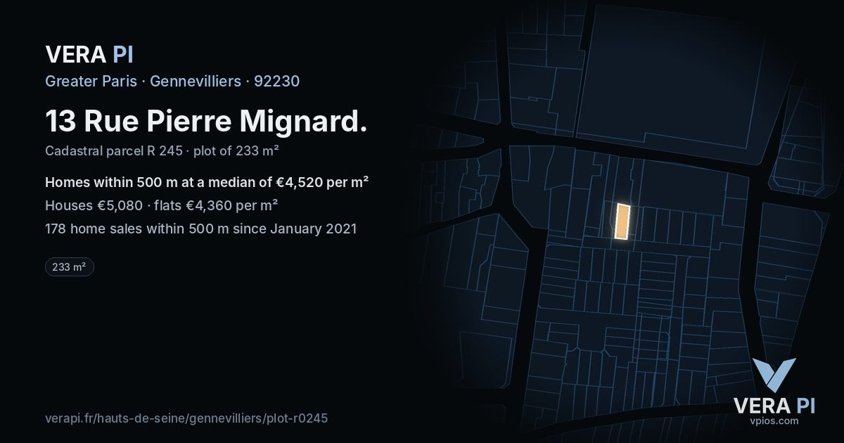 13 Rue Pierre Mignard, Gennevilliers at night – the plot lit, the parcels around coloured by the prices near them