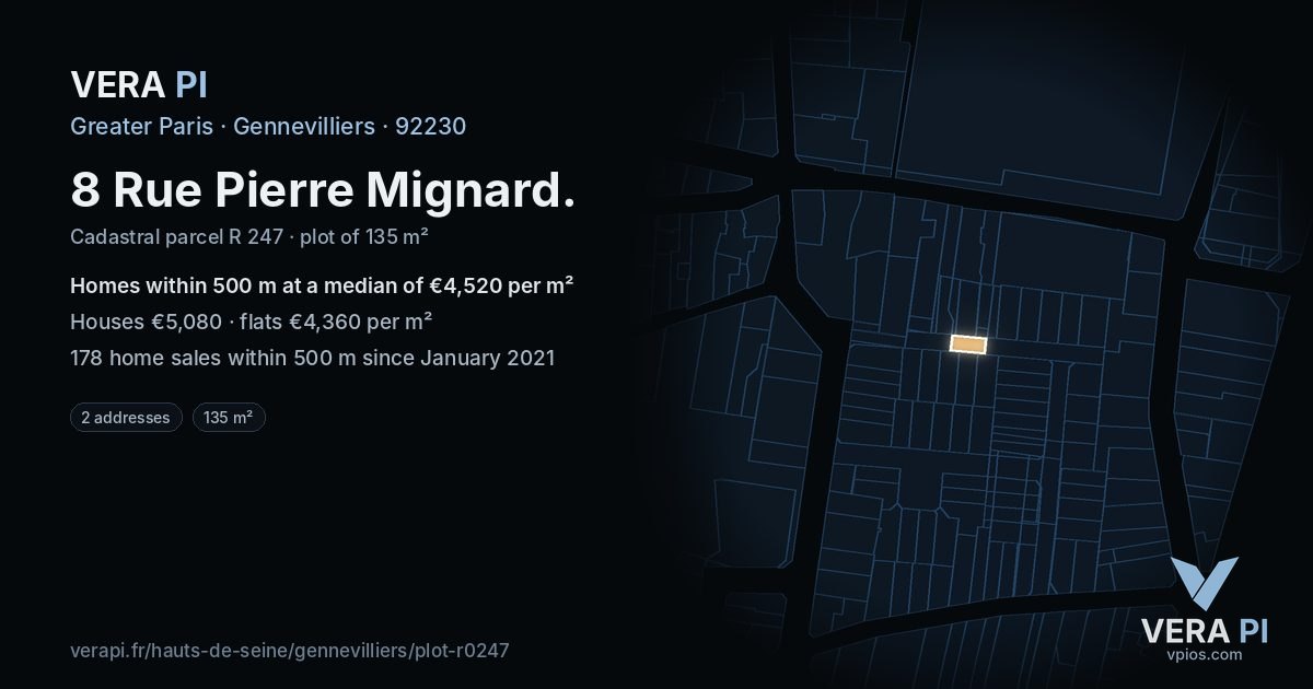 8 Rue Pierre Mignard, Gennevilliers at night – the plot lit, the parcels around coloured by the prices near them
