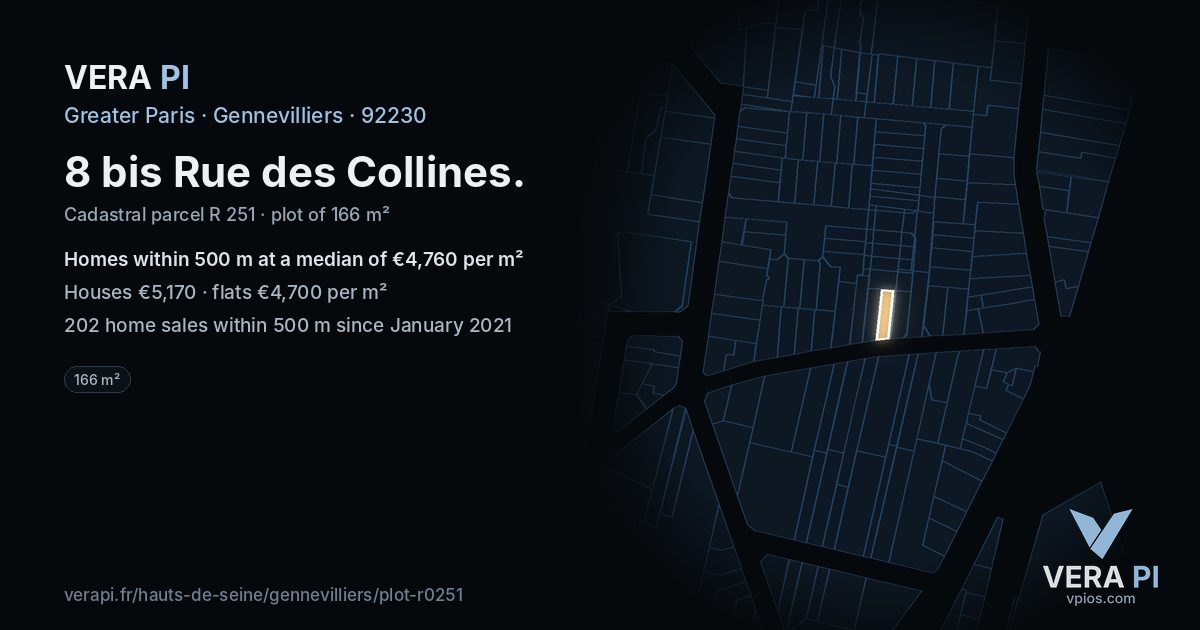 8 bis Rue des Collines, Gennevilliers at night – the plot lit, the parcels around coloured by the prices near them