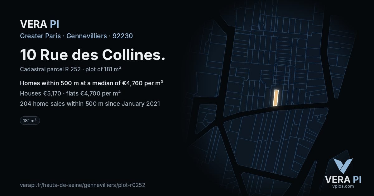 10 Rue des Collines, Gennevilliers at night – the plot lit, the parcels around coloured by the prices near them