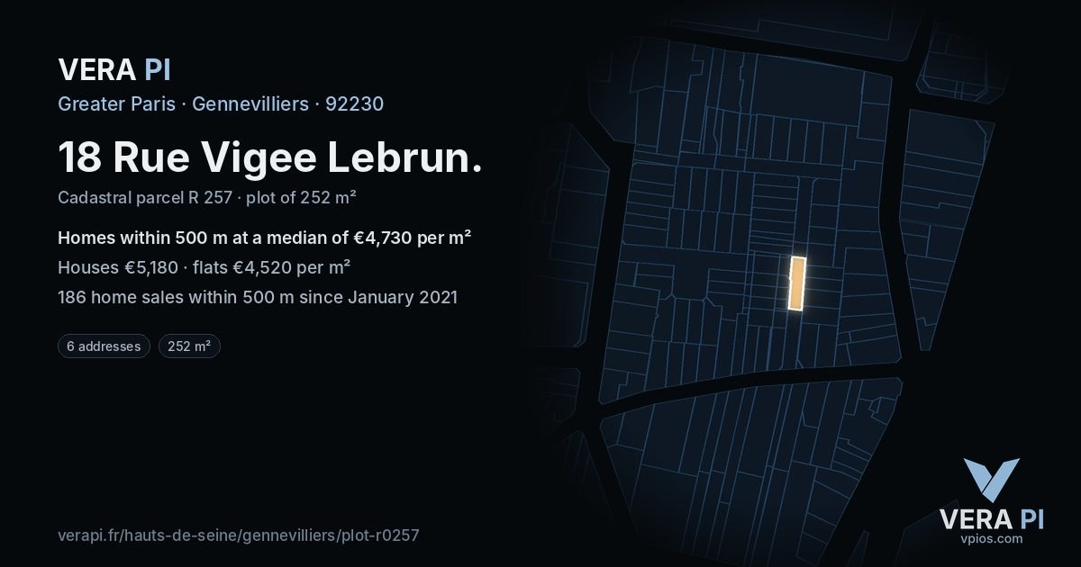 18 Rue Vigee Lebrun, Gennevilliers at night – the plot lit, the parcels around coloured by the prices near them