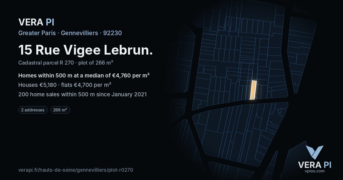 15 Rue Vigee Lebrun, Gennevilliers at night – the plot lit, the parcels around coloured by the prices near them