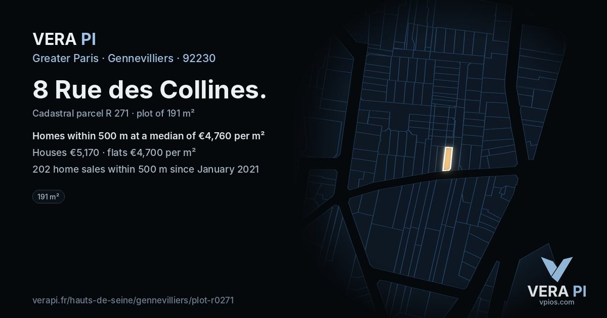 8 Rue des Collines, Gennevilliers at night – the plot lit, the parcels around coloured by the prices near them