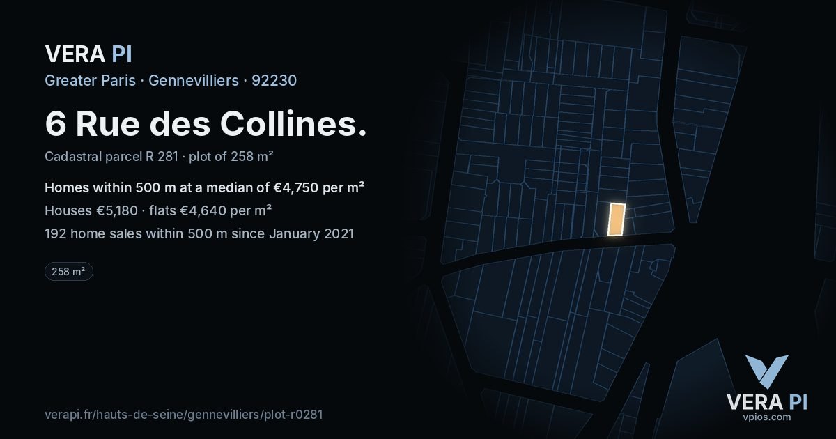 6 Rue des Collines, Gennevilliers at night – the plot lit, the parcels around coloured by the prices near them