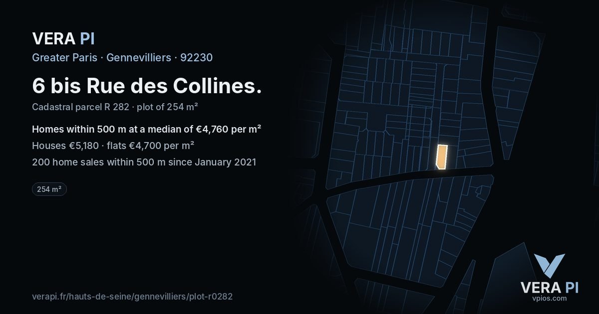 6 bis Rue des Collines, Gennevilliers at night – the plot lit, the parcels around coloured by the prices near them