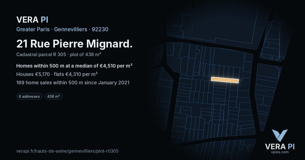21 Rue Pierre Mignard, Gennevilliers at night – the plot lit, the parcels around coloured by the prices near them