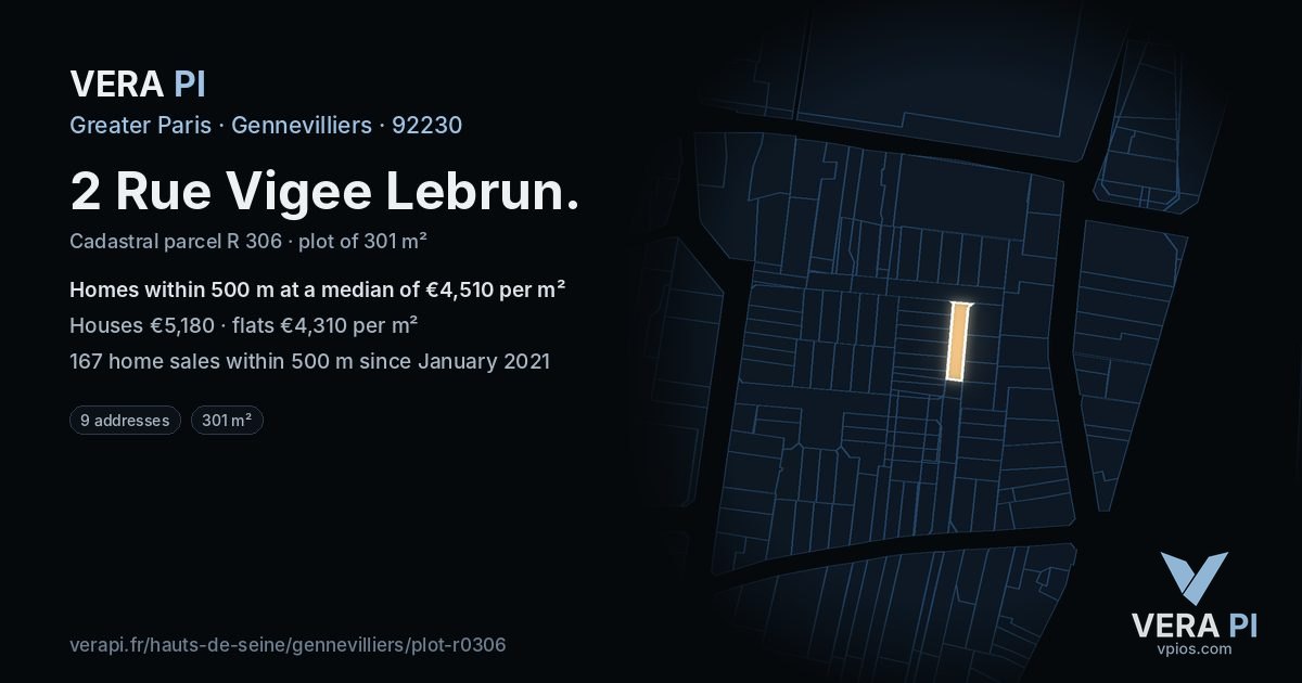 2 Rue Vigee Lebrun, Gennevilliers at night – the plot lit, the parcels around coloured by the prices near them