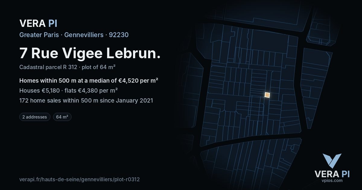 7 Rue Vigee Lebrun, Gennevilliers at night – the plot lit, the parcels around coloured by the prices near them