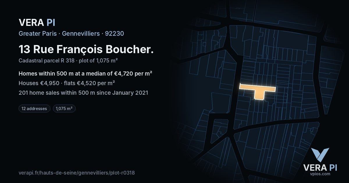 13 Rue François Boucher, Gennevilliers at night – the plot lit, the parcels around coloured by the prices near them