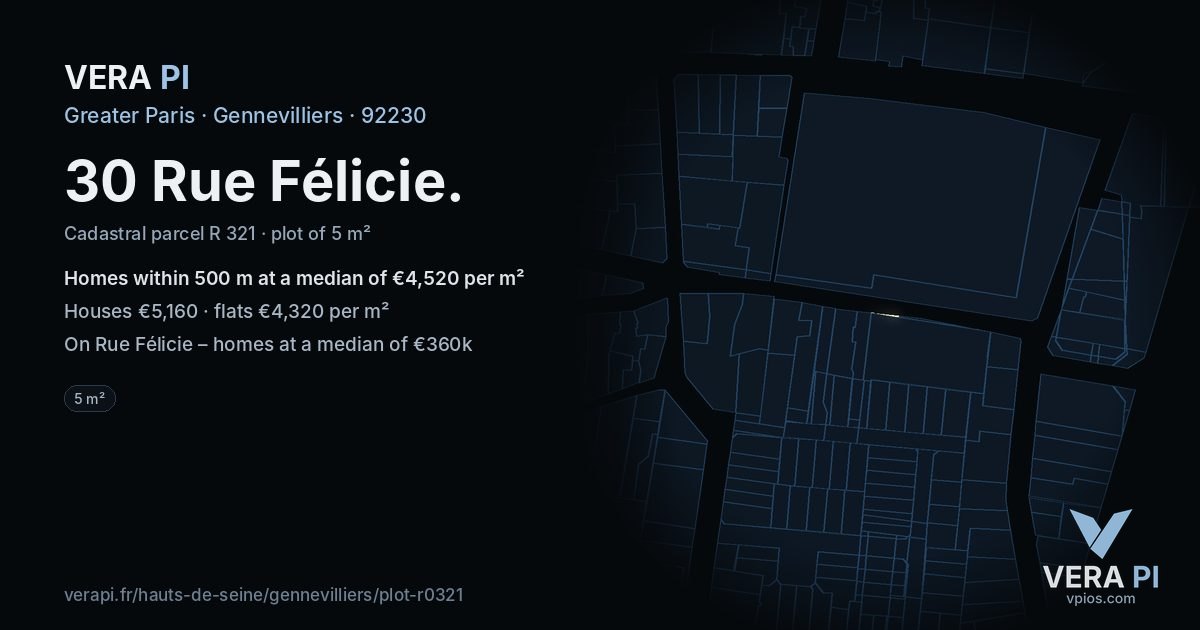 30 Rue Félicie, Gennevilliers at night – the plot lit, the parcels around coloured by the prices near them