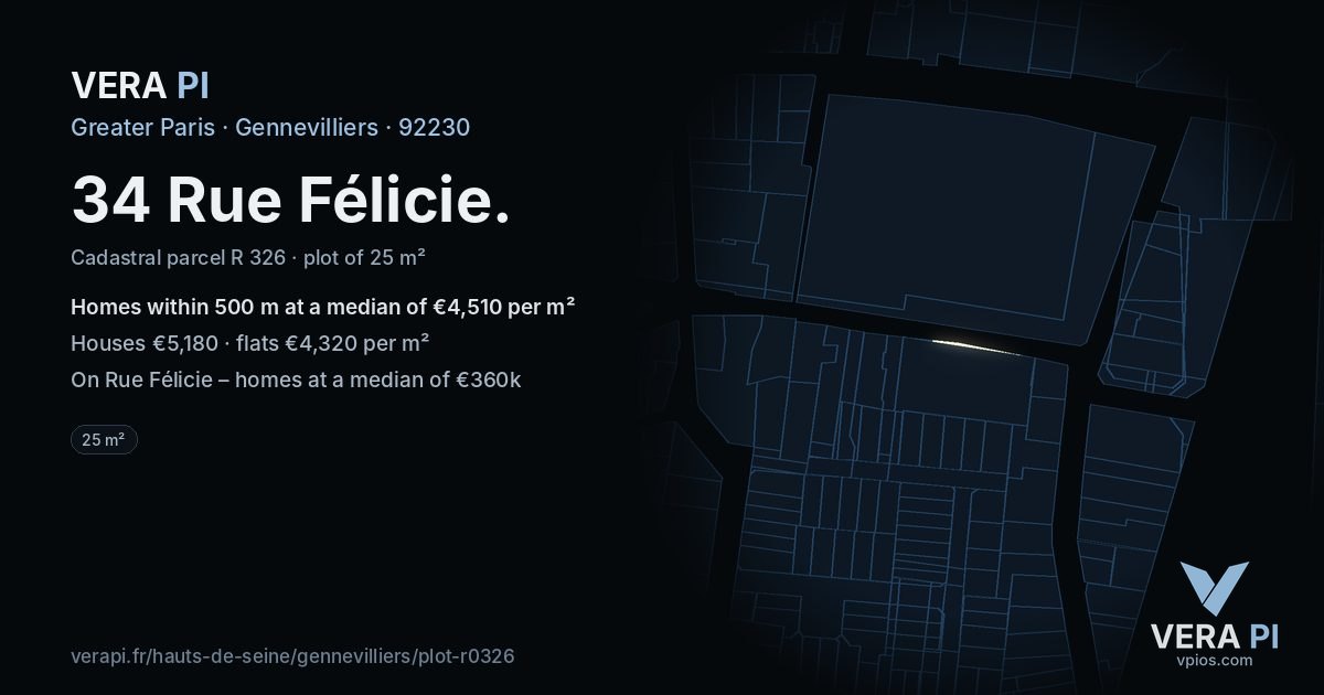 34 Rue Félicie, Gennevilliers at night – the plot lit, the parcels around coloured by the prices near them
