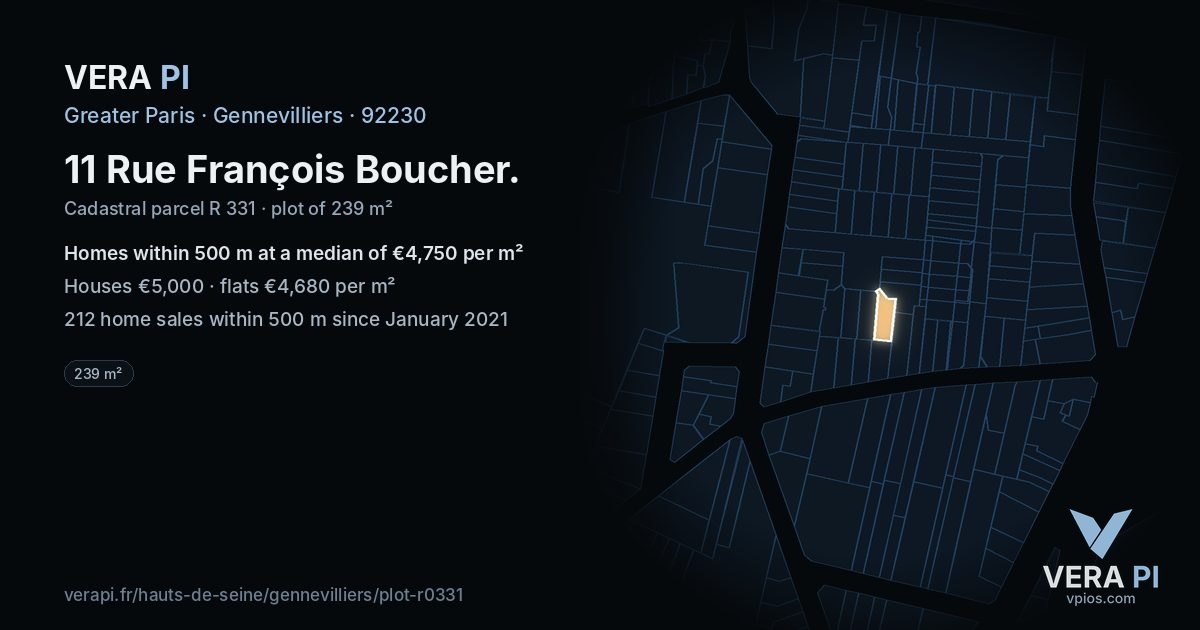 11 Rue François Boucher, Gennevilliers at night – the plot lit, the parcels around coloured by the prices near them