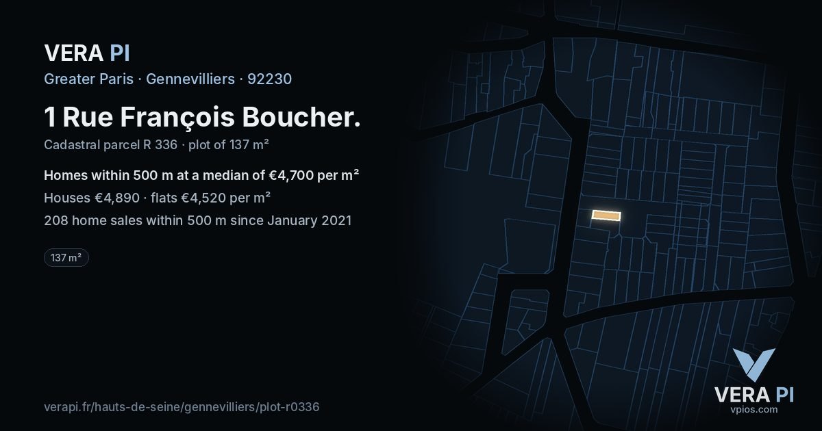 1 Rue François Boucher, Gennevilliers at night – the plot lit, the parcels around coloured by the prices near them