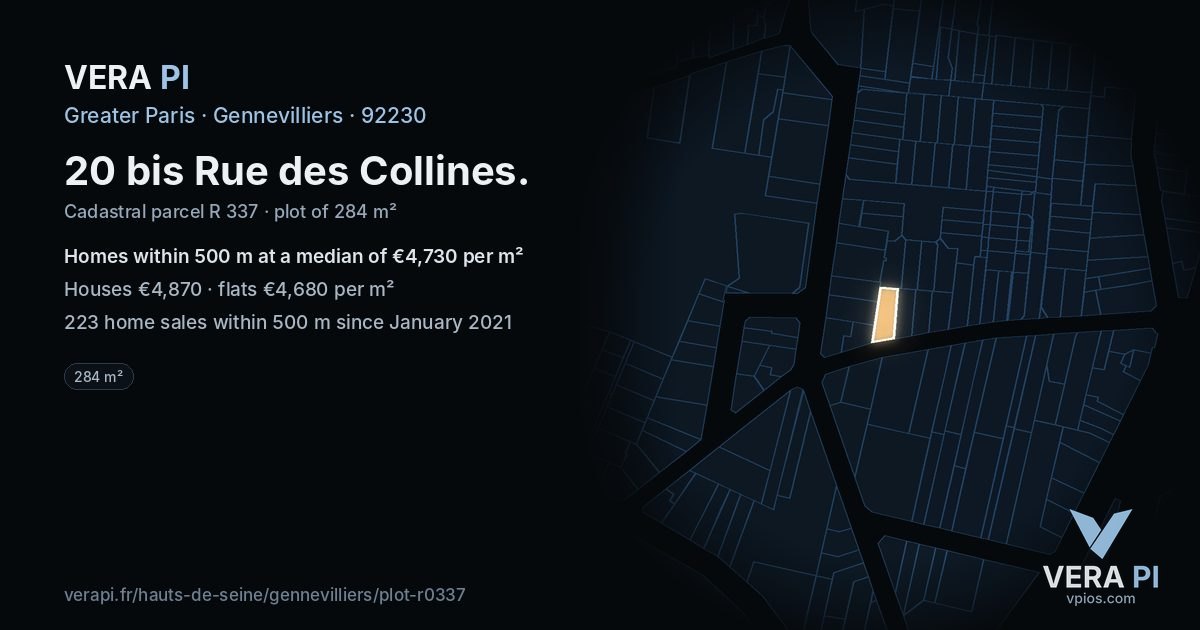20 bis Rue des Collines, Gennevilliers at night – the plot lit, the parcels around coloured by the prices near them