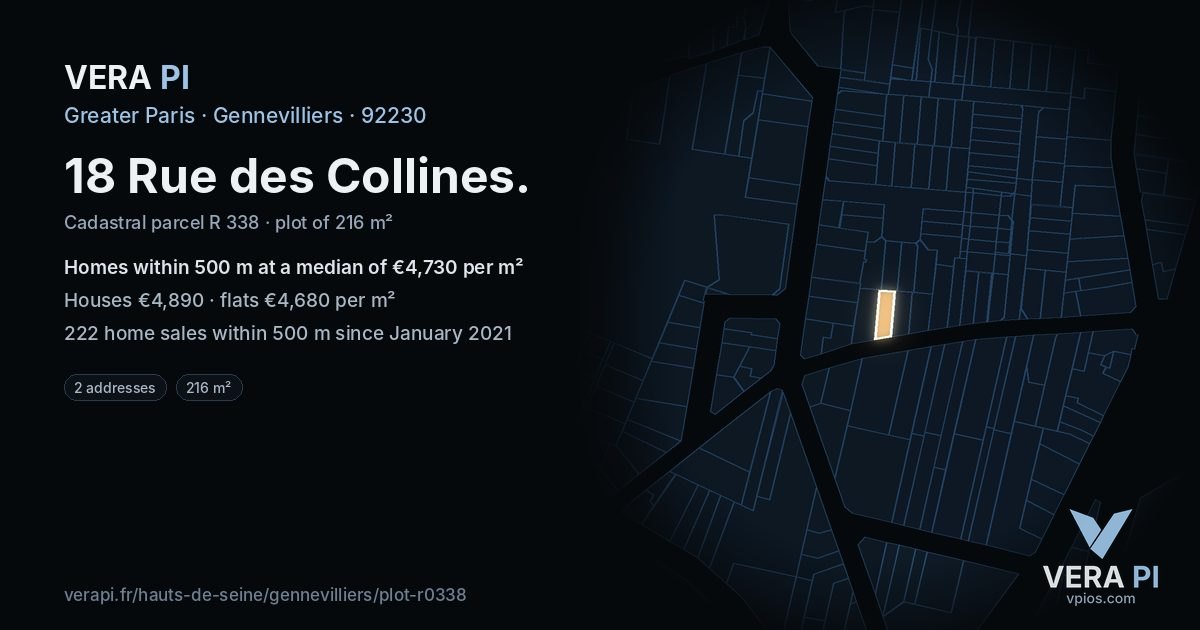 18 Rue des Collines, Gennevilliers at night – the plot lit, the parcels around coloured by the prices near them