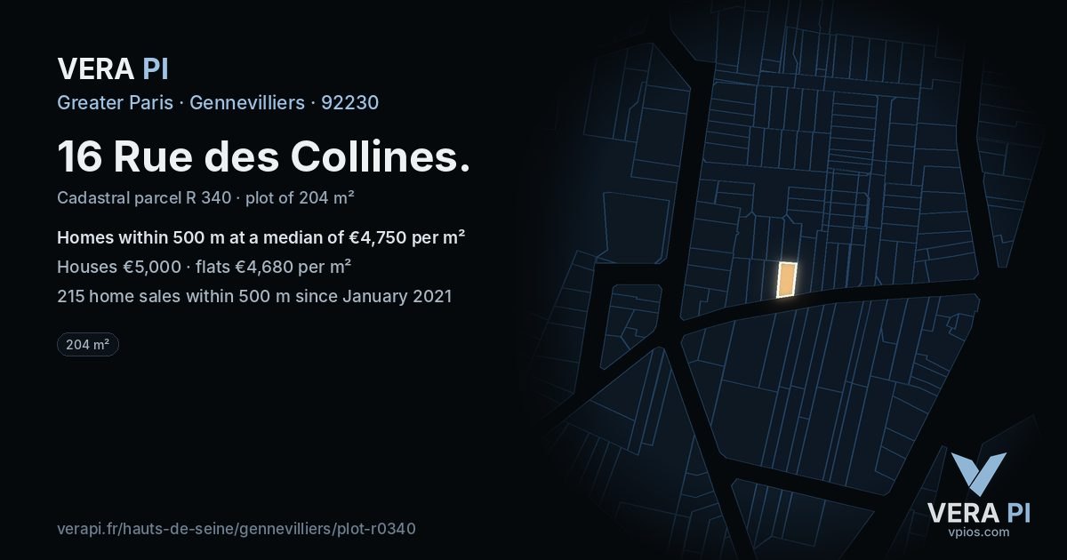 16 Rue des Collines, Gennevilliers at night – the plot lit, the parcels around coloured by the prices near them