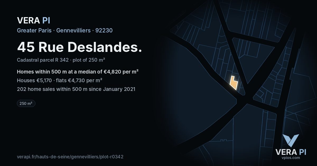 45 Rue Deslandes, Gennevilliers at night – the plot lit, the parcels around coloured by the prices near them